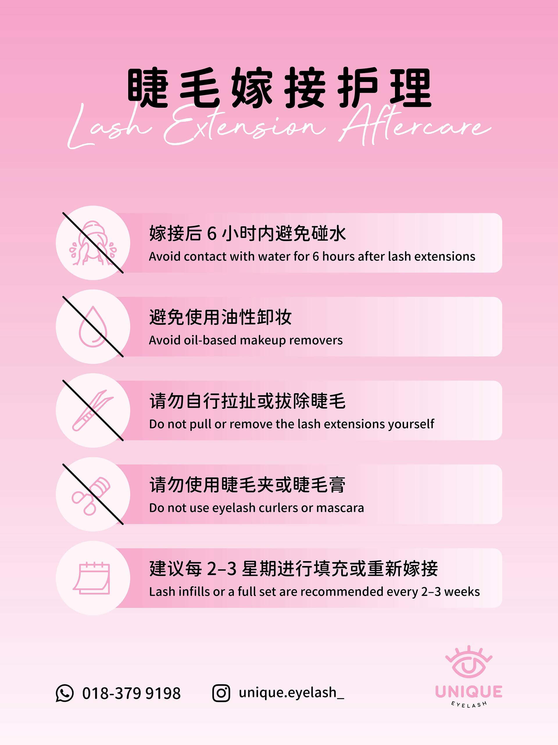 Lash extension aftercare guide poster - Unique Eyelash Petaling Jaya