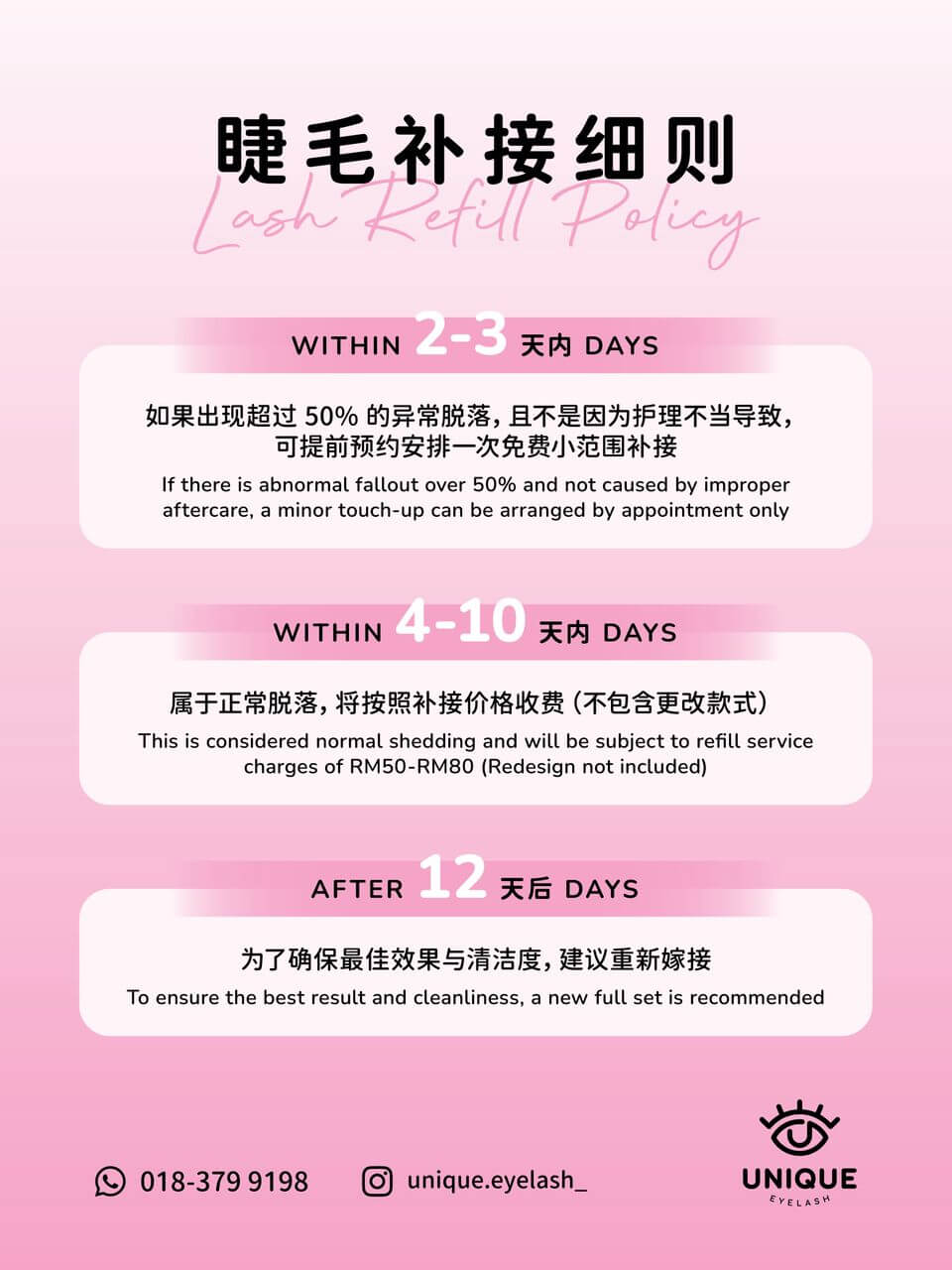 Lash refill policy guide poster - Unique Eyelash Petaling Jaya